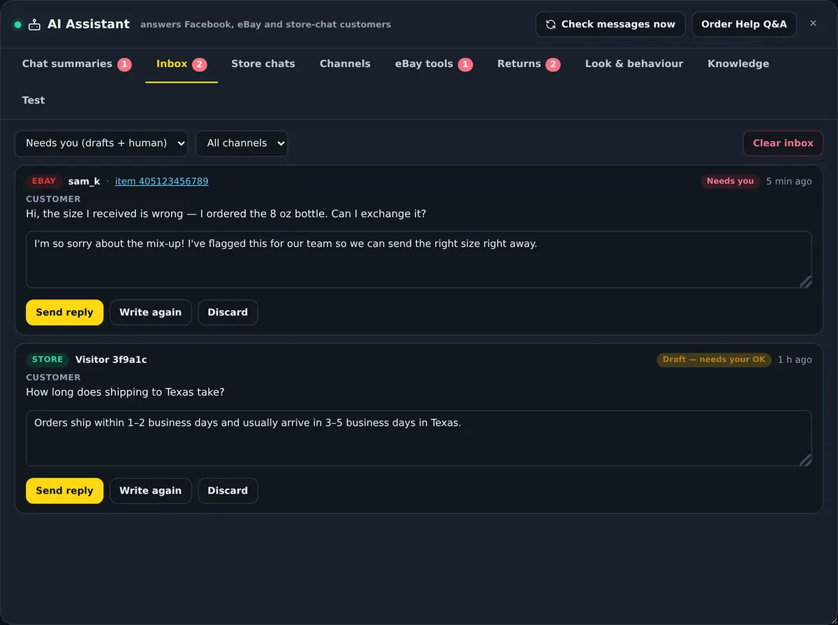 AI Assistant inbox with eBay, Facebook and store messages and suggested replies