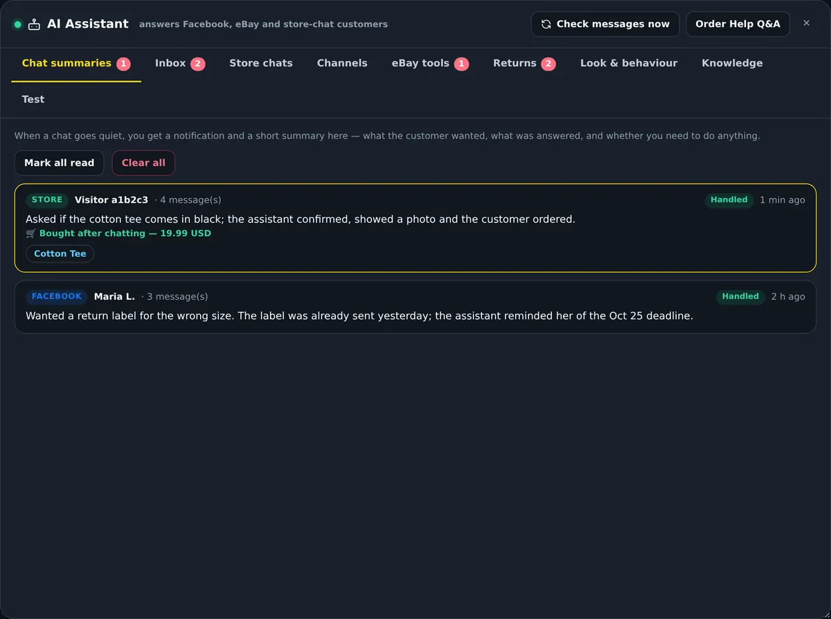 Chat summaries with product links and purchase markers