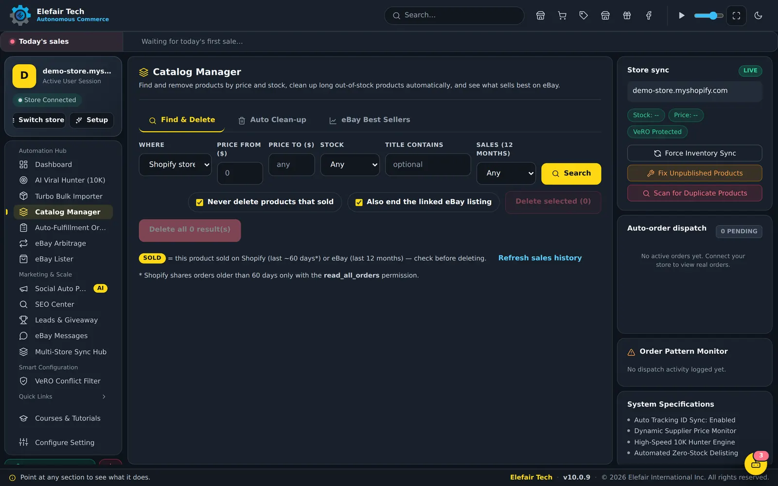 Catalog Manager with filters and sales history