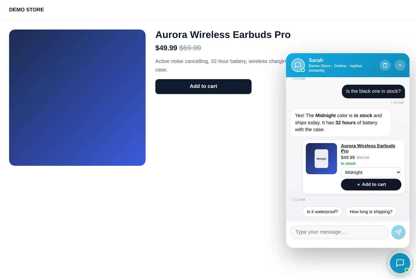 Store chat on a product page with a product card and Add to cart