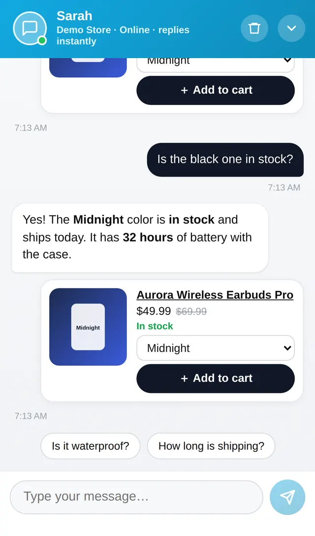 The AI assistant answering a shopper on a phone, with a product card and Add to cart button